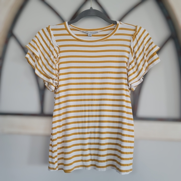 Green Envelope Tops - Green Envelope By Anthropologie Striped Ruffle Sleeve Knit Blouse, Sz XS